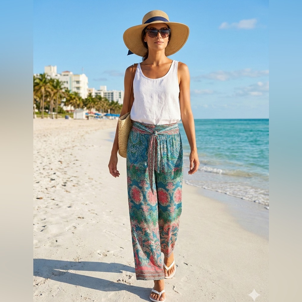 Tyche Colorful Mosaic Pattern Vacation Flowy Pants with Front Tie Size Small